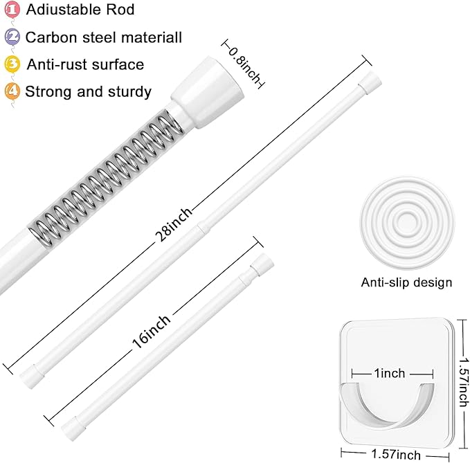 AIZESI Spring Tension Rods Adjustable Tension Curtain Rod Small Tension Rod No Drilling Expandable Spring Loaded Curtain Tension Rod（White,18" to 28"-6Pcs)