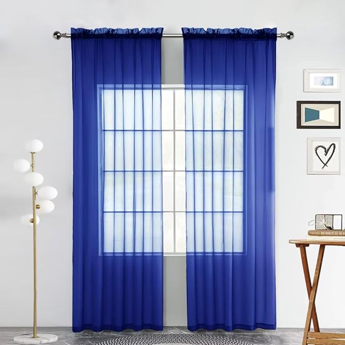 SpaceDresser Sheer Voile Window Treatment Rod Pocket Curtain Panels for Kitchen Bedroom Living Room Drapes Sunlight Filtering Privacy Semi Home Decor Assorted Colors Sizes (Sapphire, 52 W x 96 L)