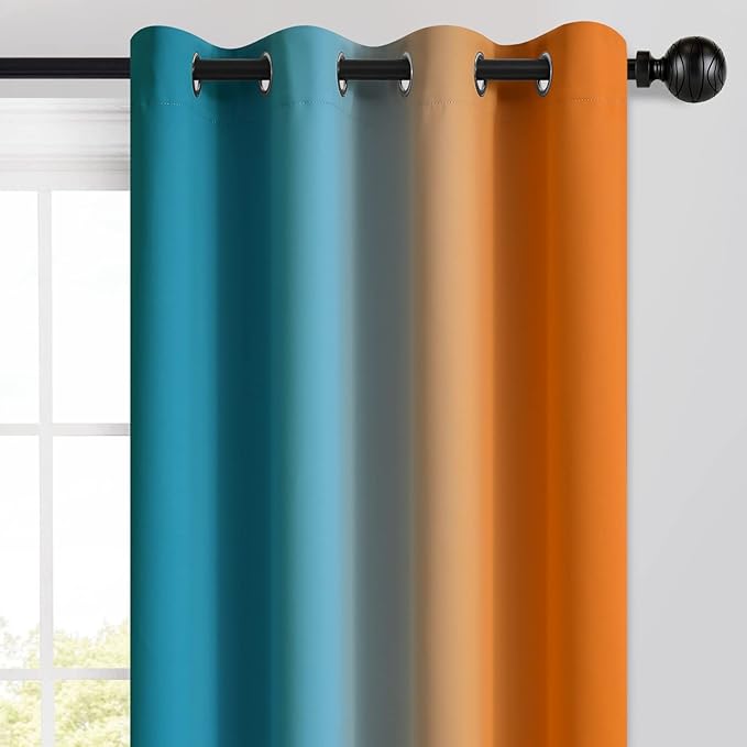 Yakamok Ombre Blue and Orange Curtains for Bedroom, Gradient Room Darkening Curtains, Grommet Thermal Insulated Light Blocking Window Drapes/Curtain for Living Room,52 x 72 Inch,2 Panels