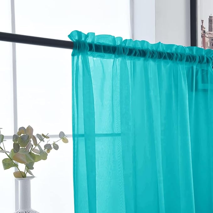 SpaceDresser Sheer Voile Window Treatment Rod Pocket Curtain Panels for Kitchen Bedroom Living Room Drapes Sunlight Filtering Privacy Semi Home Decor Assorted (Peacock Blue, 52 W x 54 L)