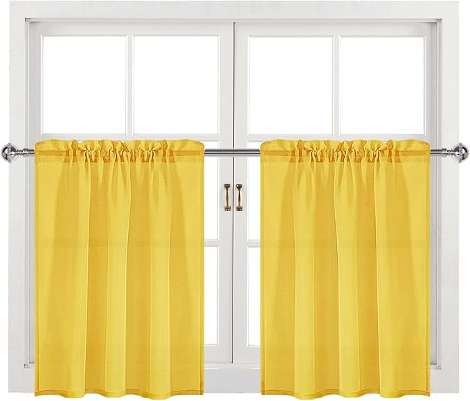 DWCN Yellow Sheer Curtains for Kitchen Windows - Rod Pocket Semi Transparent Voile Tier Curtains for Bedroom, Living Room, Farmhouse, 36 x 36 inches Long, Set of 2 Panels