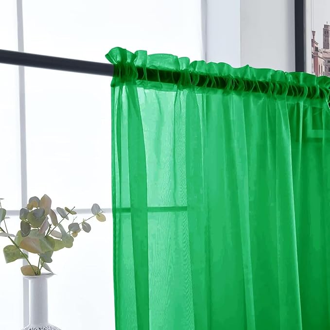 SpaceDresser Basic Rod Pocket Sheer Voile Window Curtain Panels Green 1 Pair 2 Panels 26 Width 40 Inch Long for Kitchen Bedroom Children Living Room Yard（Green，26Wx 40L）