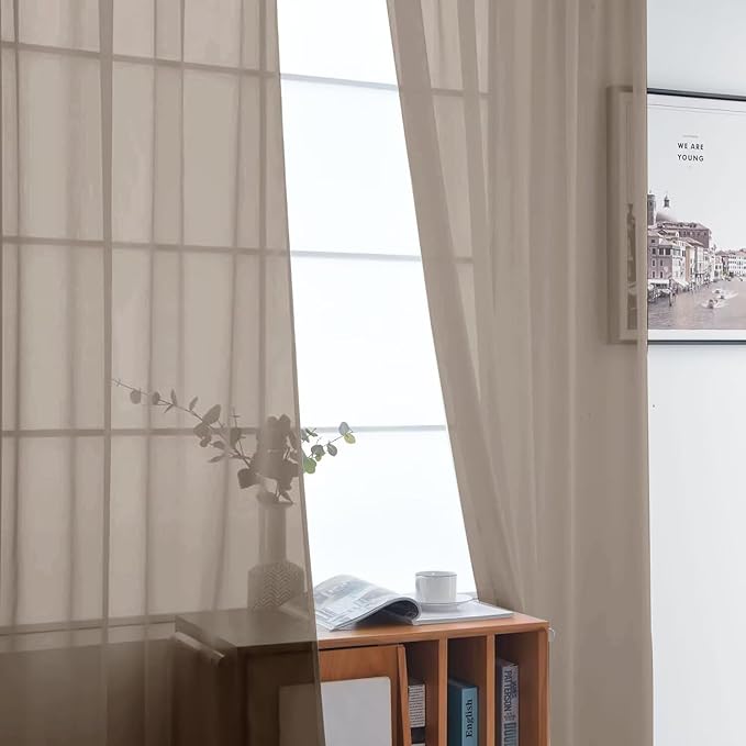 SpaceDresser Basic Rod Pocket Sheer Voile Window Curtain Panels Taupe 1 Pair 2 Panels 52 Width 108 Inch Long for Kitchen Bedroom Children Living Room Yard（Taupe, 52W x 108L）