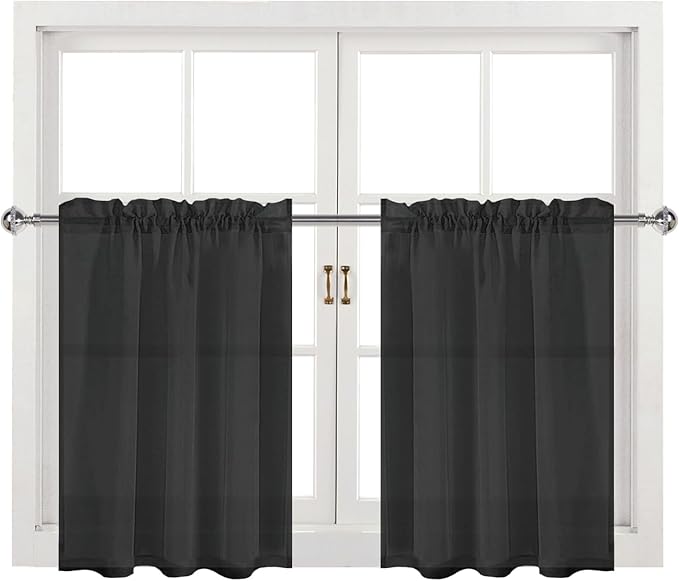 DWCN Black Sheer Curtains for Kitchen Windows - Rod Pocket Semi Transparent Voile Tier Curtains for Bedroom, Living Room, Farmhouse, 36 x 36 inches Long, Set of 2 Panels