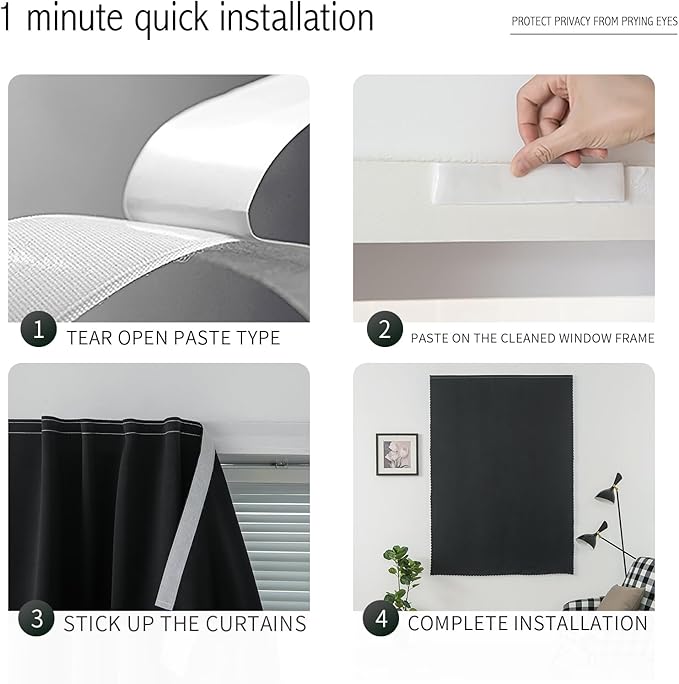Adhesive Blackout Curtains- Self Stick Curtain No Rod Needed Easy to Hang Curtain, Use for Bedroom, Living Room, Dining Room, Kitchen, 47" W X 84" L, Black, 1 Panel