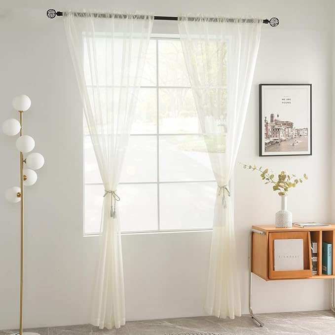 youleyar Solid Sheer Rod Pocket Curtain Voile Draperies 2 Panels Ivory Beige Black Grey Coffee 60 Inch Width 84 Inch Long 1 Pair for Kitchen Bedroom Children Living Room Yard(Ivory,60Wｘ84L)