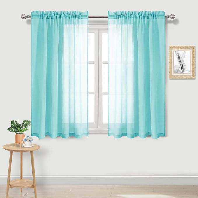 DWCN Aqua Sheer Curtains Semi Transparent Voile Rod Pocket Curtains for Bedroom and Living Room, 52 x 45 inches Long, Set of 2 Panels