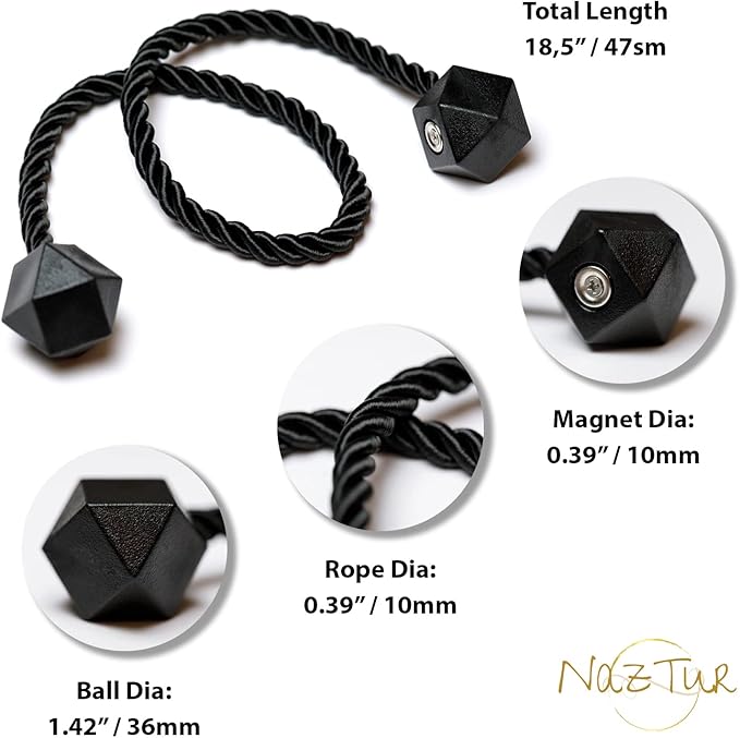 NazTur Magnetic Curtain Tiebacks- Upgrade 2022 with a Thicker Twist Rope & Strong Magnet Tieback Window Treatment Holdbacks Draperies Holders Decorative Drape Handmade Tie Back (Black, 2)