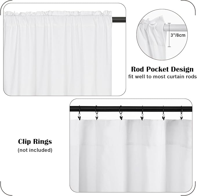 FRAMICS Farmhouse Valance Curtains, Boho Cotton Linen Kitchen Valance, White Rustic Button Window Valances for Kitchen Bathroom Bedroom, Country Rod Pocket Valances for Windows, White, 52 x 18 Inch