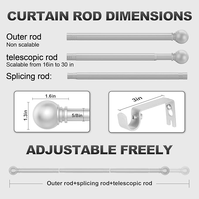 Silver Curtain Rods for Bedroom with Brackets,5/8 Inch Diameter Small Window Curtain Rod Adjustable 32 to 120 Inches,Easy Install Drapery Rods,Gray