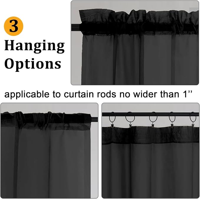 Gwine Black Sheer Curtains 90 Inches Long 2 Panels Set, Light Filtering Solid Filmy Drapes for Living Room Bedroom, Elegant Soft Rod Pocket Voile Sheer Window Curtains, 42Wx90L Inch, 2PCS, Black