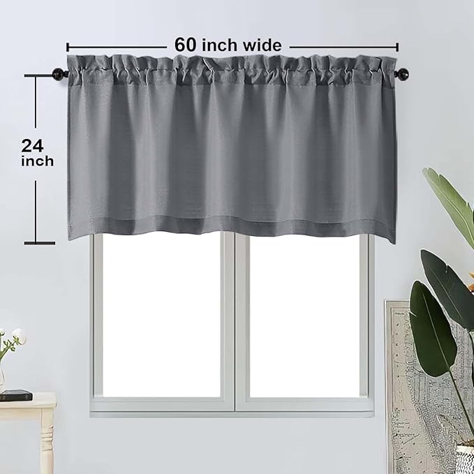 OWENIE Bob 1 PCS Dark Grey Valances for Windows, Faux Linen Textured Kitchen Window Curtains Valance for Bedroom Living Room, Modern Soft Airy Solid Rod Pocket Bathroom Cafe Curtain, 60Wx24L Inch