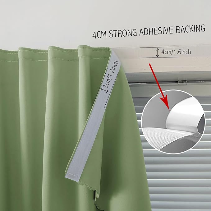 Magic Tape Blackout Curtains for Bedroom No Drillng Self Adhesive Curtains No Rod Small Window, 35" W X 71" L, Sage Green, 1 Panel