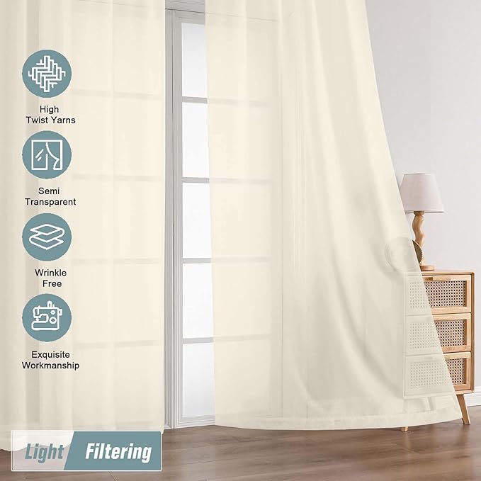 Cream Sheer Curtains for Windows 108 inches Long 2 Panels Set, Soft Lightweight Light Filtering Drapes for Living Room Bedroom, Dual Rod Pocket Sheer Curtains, 2x42Wx108L inches