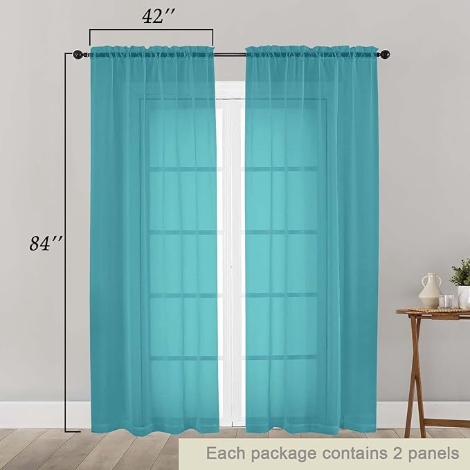 Turquoise Sheer Curtains 84 Inches Long 2 Panels, Soft Airy Light Filtering Curtains for Bedroom Living Room, Modern Rod Pocket Privacy Drapes Window Treatments, Total Wide 84 Inch