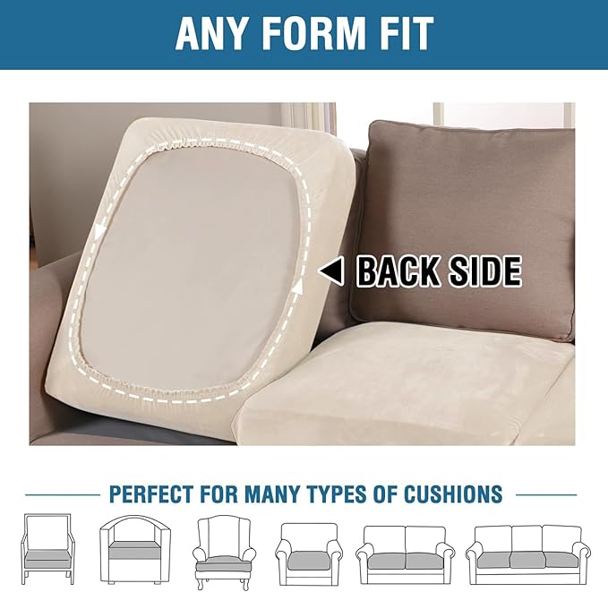 H.VERSAILTEX Velvet Stretch Couch Cushion Cover Plush Cushion Slipcover for Chair Loveseat Sofa Cushion Furniture Protector Seat Cushion Sofa Cover (3 Piece Sofa Cushion Covers, Cream)