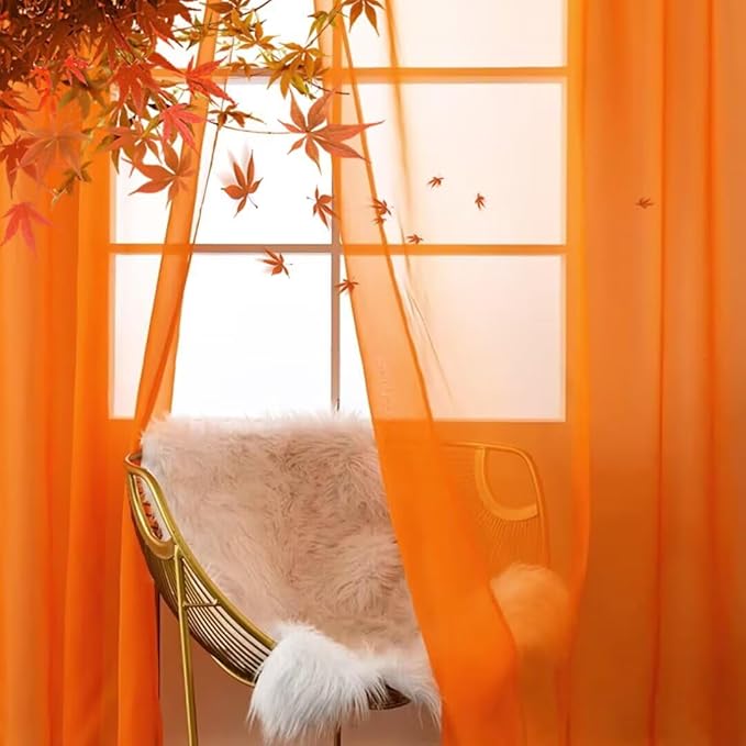 SpaceDresser Basic Rod Pocket Sheer Voile Window Curtain Panels White 1 Pair 2 Panels 60 Width 84 Inch Long for Kitchen Bedroom Children Living Room Yard(Orange,60 W x 84 L)
