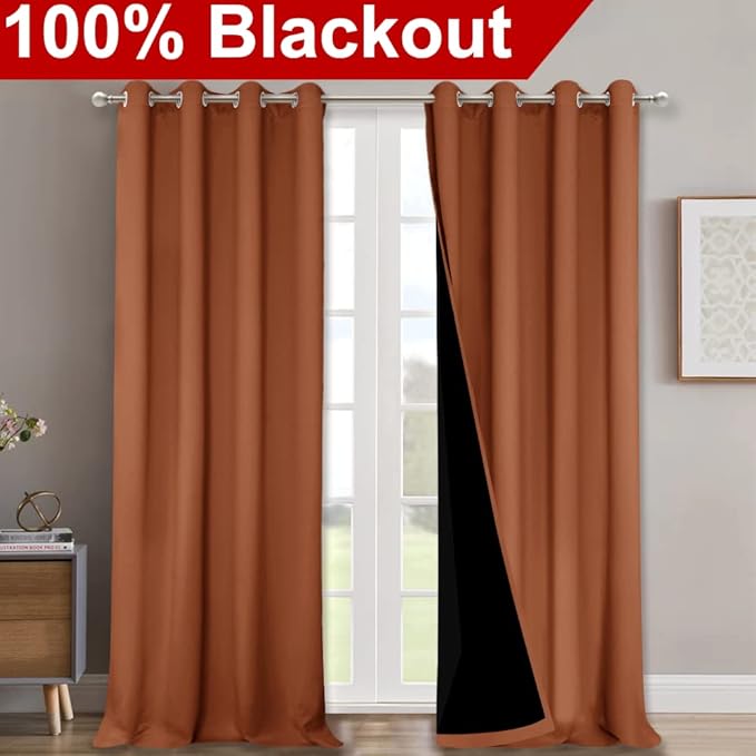 NICETOWN 100% Blackout Curtains for Windows, Pack of 2, Burnt Orange, 52" W x 102" L, Super Heavy-Duty Black Lined Total Darkness Drapes for Bedroom, Privacy Assured Window Treatment for Patio