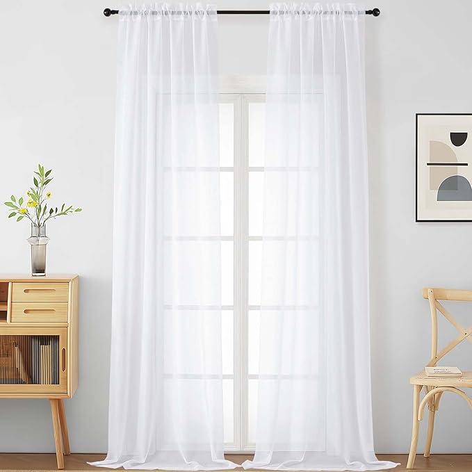 White Sheer Curtains for Windows 108 inches Long 2 Panels Set, Soft Lightweight Light Filtering Drapes for Living Room Bedroom, Dual Rod Pocket Sheer Curtains, 2x42Wx108L inches