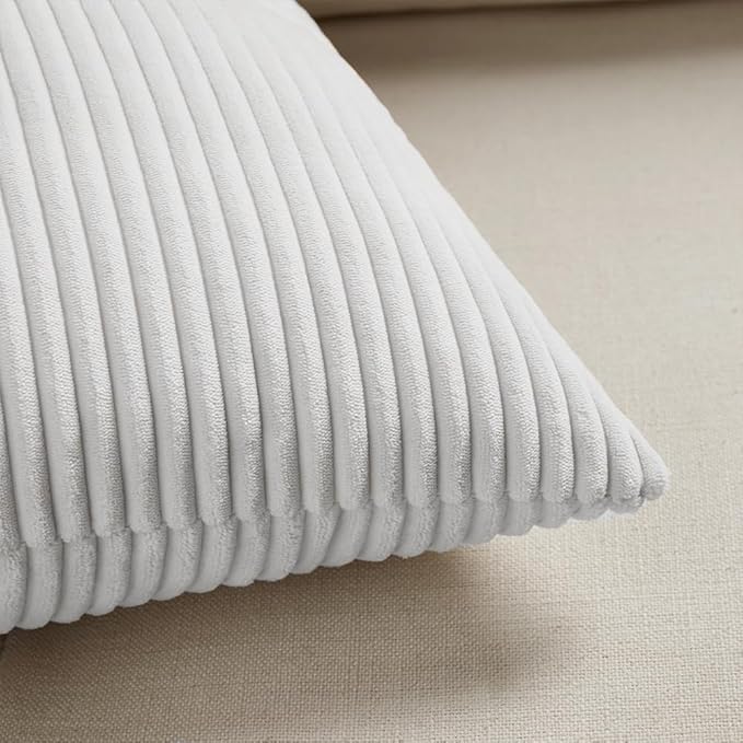 Fancy Homi 2 Packs White Lumbar Decorative Throw Pillow Covers 14x24 Inch for Couch Bed Sofa, Rustic Farmhouse Boho Home Decor, Soft Striped Corduroy Rectangle Accent Cushion Case 35x60 cm