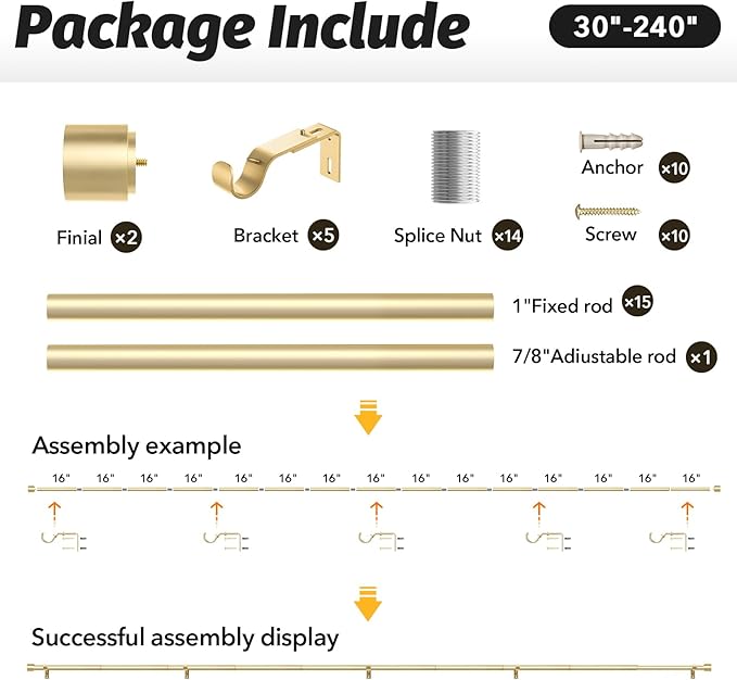 GEEBOBO Gold Curtain Rods for Windows 120 to 240 Inch, 1 Inch Extra Long Heavy Duty Easy Install Adjustable Curtain Rods Set for Outdoor, Farmhouse, Bedroom, Living Room (Gold, 30"-240")