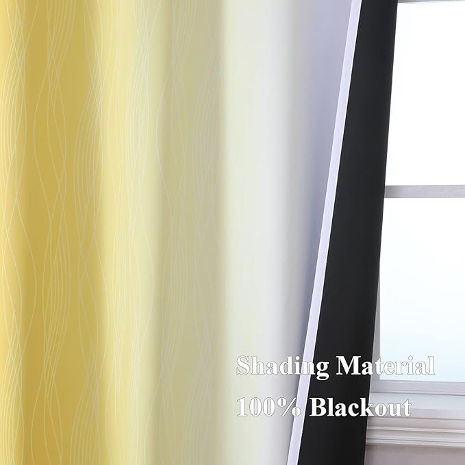 Estelar Textiler Ombre Yellow and Greyish White Blackout Curtains 96 Inches Long for Sliding Door, Gradient Thermal Insulated Full Light Blocking Grommet Blackout Drapes for Bedroom, 52Wx96L, 2 Panels