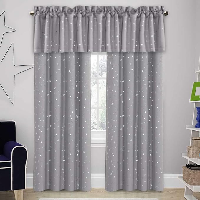 H.VERSAILTEX Blackout Curtain Valances for Kitchen Window/Living Room/Bathroom Privacy Added Rod Pocket Home Decoration Winow Valance, 52" W x 18" L, Glitter Stars in Gray Base