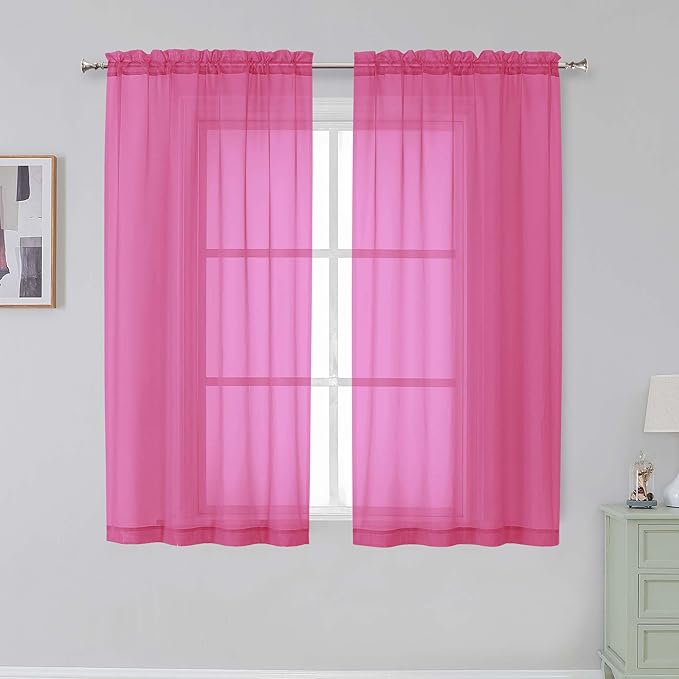Simplebrand Rod Pocket Top Solid Voile Sheer Curtains for Bedroom, 54 Inch Length Drapes Set of 2, Lightweight and Light Filtering Elegant Hot Pink Curtains Panels Window Treatment, 42W×54L, Hot Pink