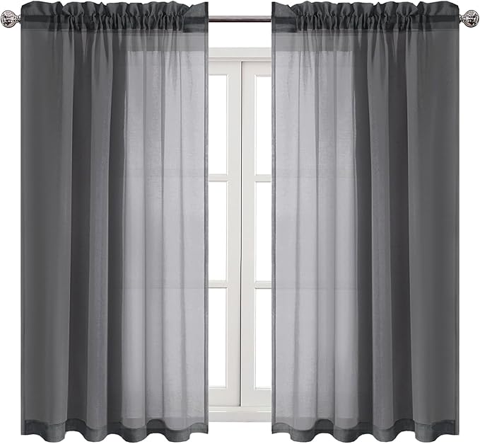 DWCN Dark Gray Sheer Curtains Semi Transparent Voile Rod Pocket Curtains for Bedroom and Living Room, 52 x 54 inches Long, Set of 2 Panels