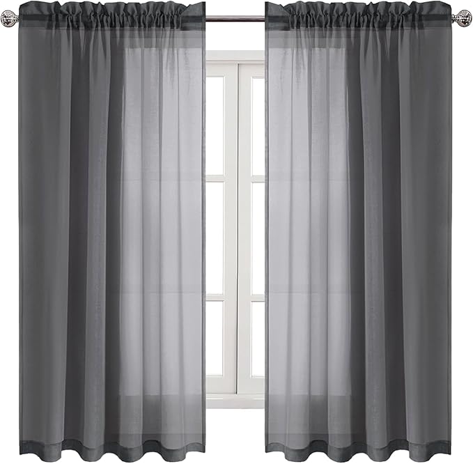 DWCN Dark Gray Sheer Curtains Semi Transparent Voile Rod Pocket Curtains for Bedroom and Living Room, 52 x 63 inches Long, Set of 2 Panels