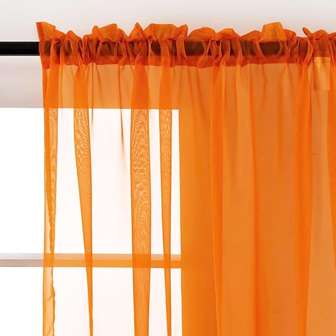 SpaceDresser Orange Sheer Curtains 4 Panels Rod Pocket Semi-Sheer Curtain 96 Inches Long Light Filtering Voile Window Drapes for Bedroom Living Room Kitchen, Each 52W x 96L