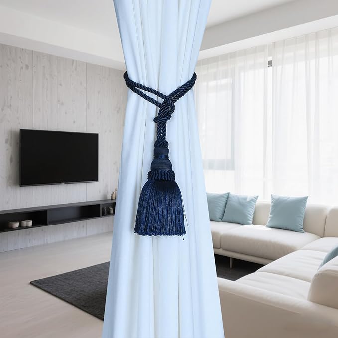 Fenghuangwu 4 Pack Curtain Tie Backs Rope Tassels for Curtains Drape tiebacks Handmade Outdoor Home and Outdoor Decorative (Navy, 4p)