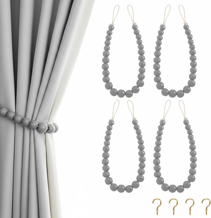 Hion 4 Pcs Boho Curtain Tiebacks,Wood Beads Curtain Holdbacks,Outdoor Farmhouse Tie Backs for Curtains,Curtain Holders for Drapes Home Office Room Decor with Hooks(Grey