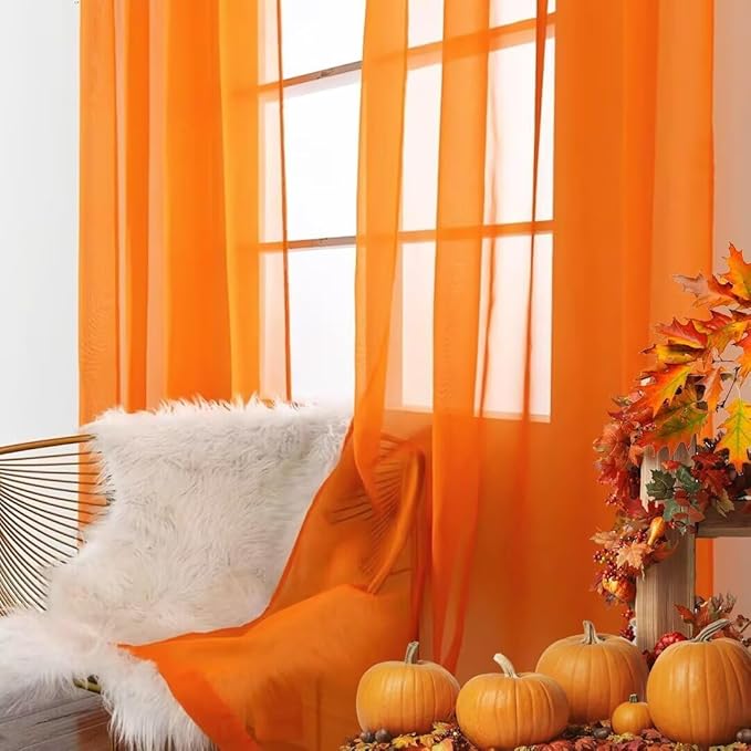 SpaceDresser Basic Rod Pocket Sheer Voile Window Curtain Panels Orange 2 Panels 52 Width 72 Inch Long for Kitchen Bedroom Children Living Room Yard(Orange,52 W x 72 L)