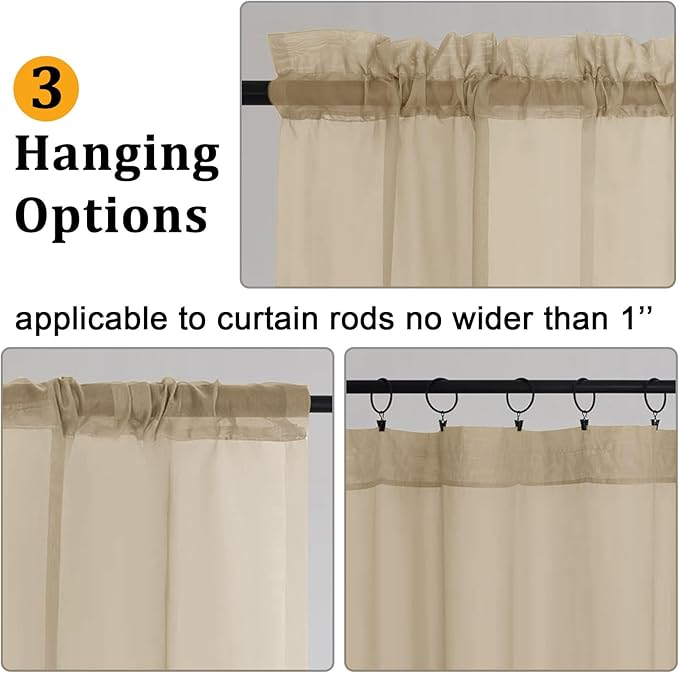 Gwine Taupe Valances for Windows, Small Light Filtering Rod Pocket Cafe Valance Curtains, Soft Sheer Curtain for Bathroom Laundry Basement, 42Wx14L inch, 2 Pieces