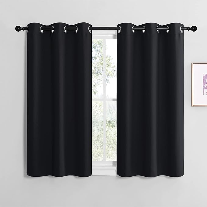 NICETOWN Bathroom Blackout Curtains and Drapes, Black Solid Thermal Insulated Grommet Blackout Drapery Panels for Window (2 Panels, 42 inches Wide by 40 inches Long, Black)