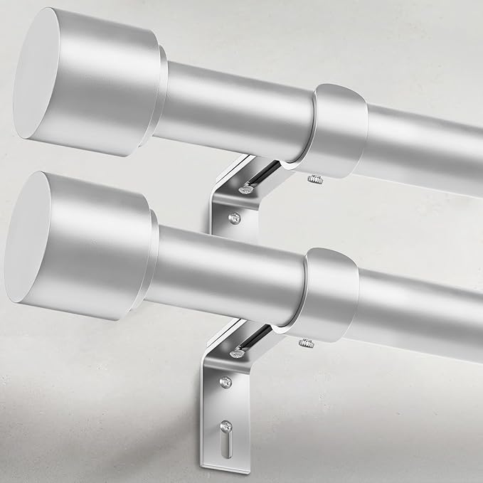 GEEBOBO 2 Pack Silver Curtain Rods for Windows 66 to 120 Inch, 1 Inch Adjustable Heavy Duty Easy Install Curtain Rods Set for Outdoor, Patio, Farmhouse, Bedroom, Living Room (Silver,30"-120",2 Pack)