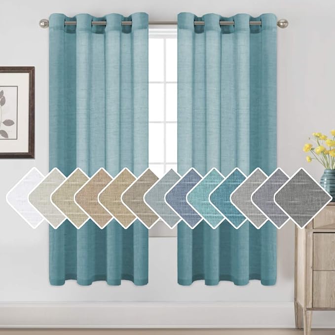 H.VERSAILTEX Linen Curtains Privacy Protection Home Fashion Natural Linen Rich Quality Curtain Semi-Sheer Multi Size 52x72 - Inch/Nickel Grommet Top Linen Curtain Panels (Set of 2, Turquoise)