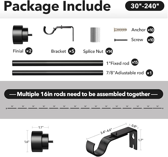 Extra Long Curtain Rods for Windows 32 to 240 Inch, 1 Inch Black Heavy Duty Curtain Rods for Patio, Farmhouse, Bedroom, Living Room, Adjustable Metal Drapery Rod (A1,Black,32"-240")