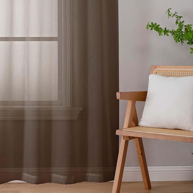 Sheer Chocolate Curtains for Bedroom Living Room 63 Inch Length 2 Panels, Airy Soft Light Filtering Sheer Dining Room Curtains, Modern Rod Pocket Drapes, Chocolate, Each 42" Wx63 L Inches