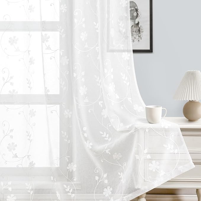 HOMEIDEAS White Sheer Curtains 63 Inch Length 2 Panels White Embroidered Floral Pattern Semi Sheer Window Curtains for Bedroom Living Room