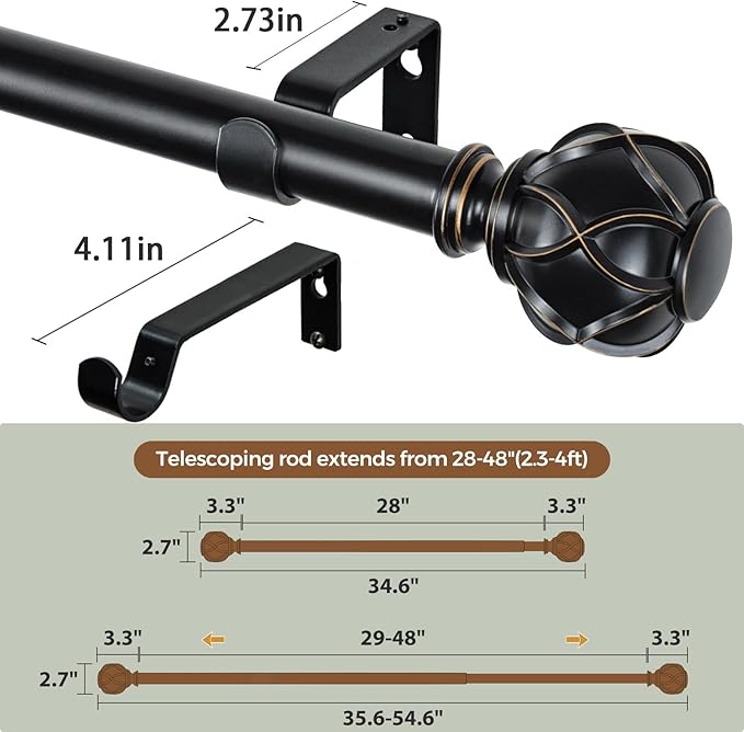 KAMANINA 1 Inch Curtain Rod Telescoping Single Drapery Rod 28 to 48 Inches (2.3-4 Feet), 2 Pack Black Curtain Rods for Windows 16 to 44 Inches, Netted Texture Finials