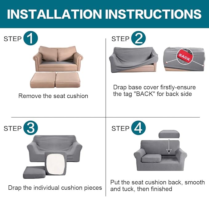 Turquoize 3 Piece Sofa Covers for 2 Cushion Couch Sofa Slipcover Soft Couch Cover for Dogs-Washable Sofa Furniture Covers with 2 Individual Cushion Covers, Thick Jacquard Fabric (Loveseat, Dove)
