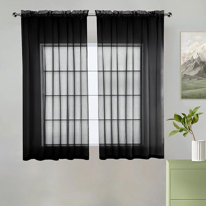 youleyar Solid Sheer Rod Pocket Curtain Voile Draperies 2 Panels White Beige Black Grey Coffee 38 Inch Width 45 Inch Long 1 Pair for Kitchen Bedroom Children Living Room Yard(Black,38Wｘ45L)
