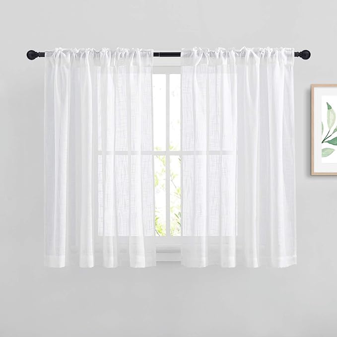 NICETOWN White Sheer Bathroom Curtains Window Treatments, Rod Pocket & Back Tab Semi Sheer Faux Linen Privacy with Light Filtering Drapes for Bedroom, W52 x L48, 2 Panels