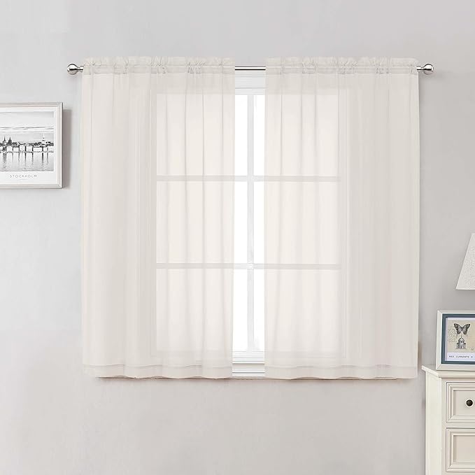 Lecloud Ivory Sheer Curtains 50 Inch Length 2 Pcs, Rustic Farmhouse Curtains with Rod Pockets, Light Filtering Window Solid Drapes for Bedroom Bathroom Basement Living Room, Each Panel 42" W x 50" L