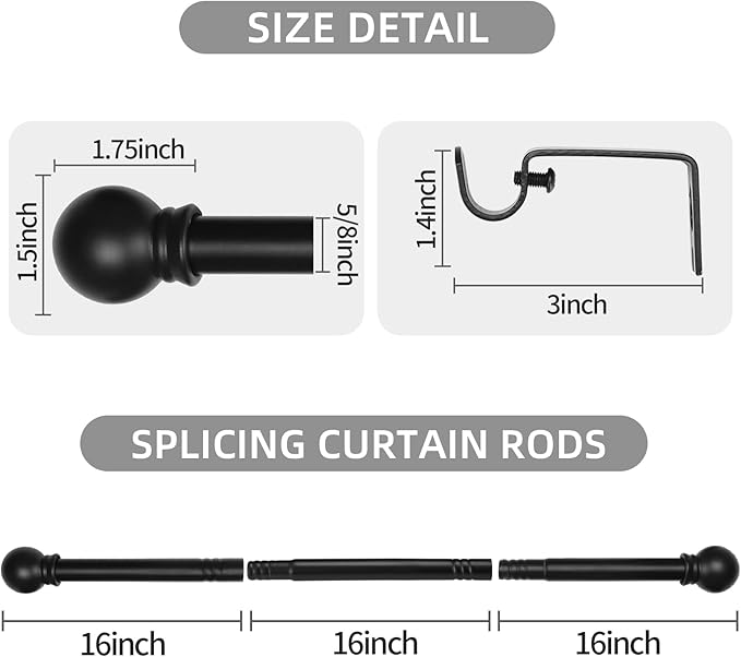 Thestoa Black Curtain Rods for Windows 66 to 120 inch, 5/8" Diameter Matte Black Small Curtain Rods for Bedroom, Living Room, Kitchen, Outdoor, Farmhouse
