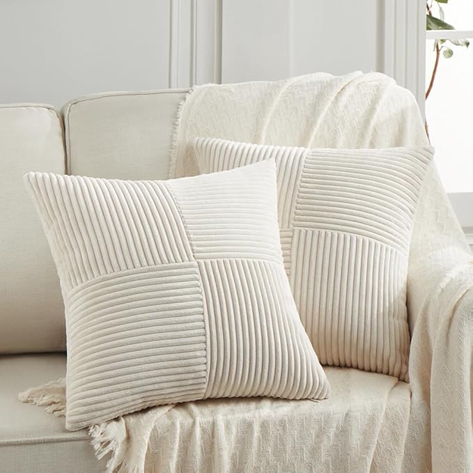 Fancy Homi 2 Packs Cream Decorative Throw Pillow Covers 16x16 Inch for Living Room Couch Bed Sofa, Rustic Farmhouse Boho Home Decor, Soft Corss Patchwork Corduroy Textured Square Cushion Case 40x40 cm