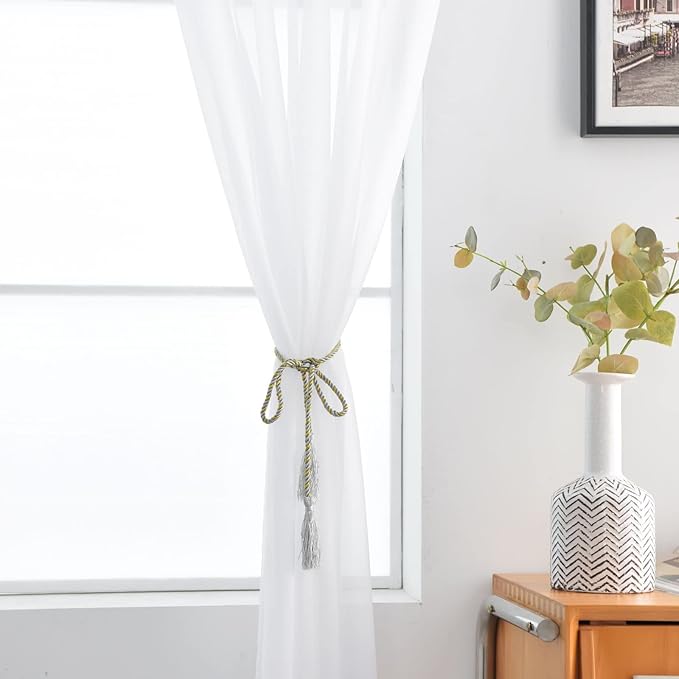 SpaceDresser Basic Rod Pocket Sheer Voile Window Curtain Panels White 1 Pair 2 Panels 38 Width 84 Inch Long for Kitchen Bedroom Children Living Room Yard(White,38 W x 84 L)