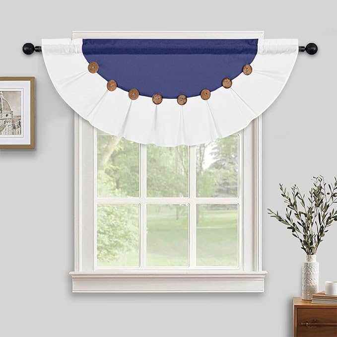 FRAMICS Farmhouse Valance Curtains, Boho Cotton Linen Kitchen Valance, Navy Blue Rustic Button Window Valances for Bathroom Bedroom, Country Rod Pocket Valances for Windows, Semicircular, 52 x 18 Inch